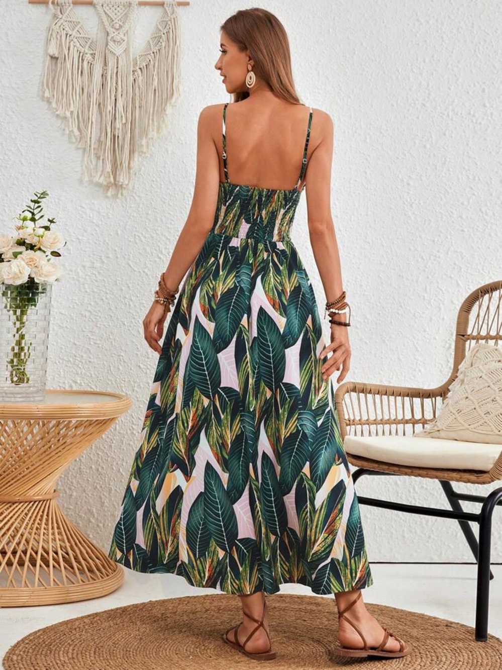 Amazon Green Tropical Leaf Print Maxi Dress